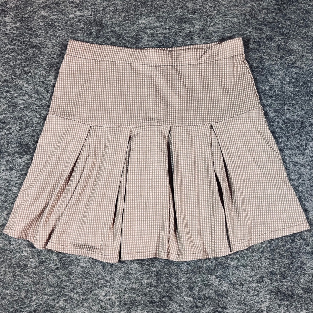 Urban Romantics Pleated Mini Skirt Womens L Tan Gingham Drop Waist Preppy Skater - Picture 5 of 9